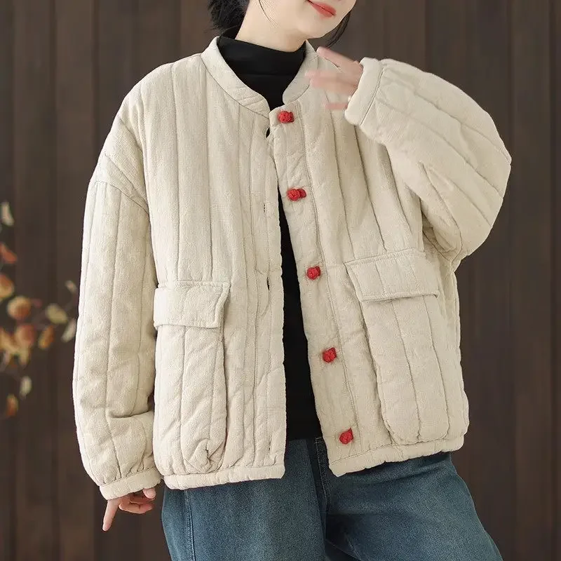

2025 New Arrival Autumn/winter Arts Style Women Jackets Casual Vintage O-neck Single Breasted Pocket Cotton Outerwear & Coats