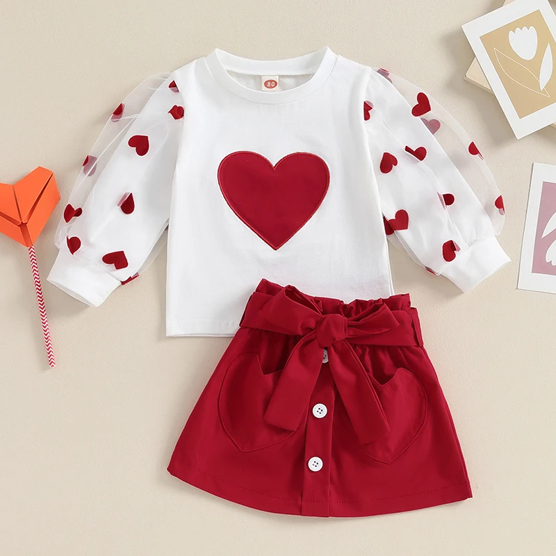0-4Y Kids Girls Valentine's Day Clothes Sets Puff Long Sleeve Heart Print Tops Short Skirts with Belt Spring Fall Gilrs Outfits