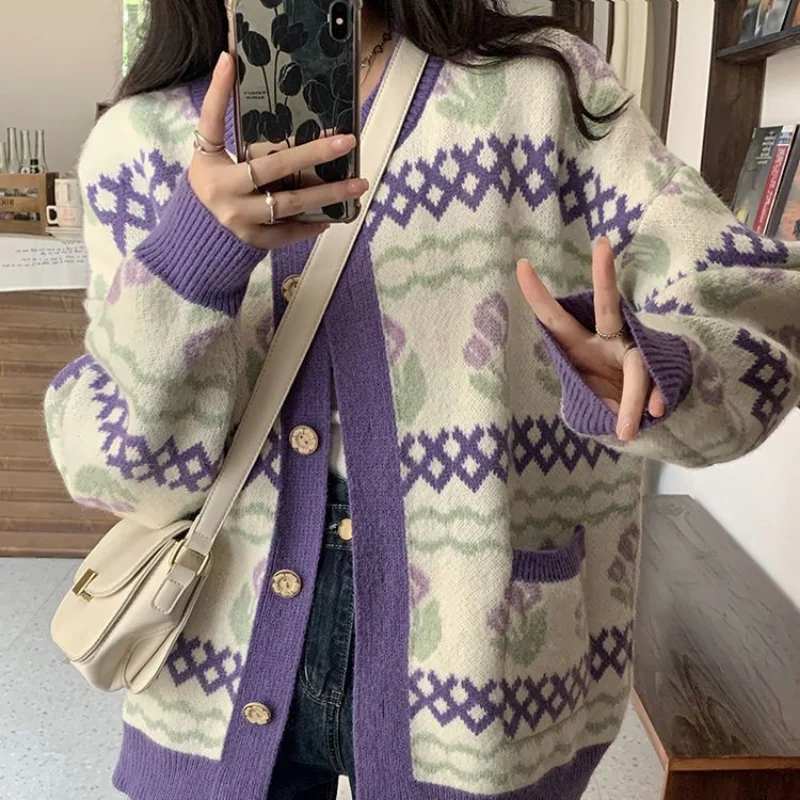 Purple Tulips Cardigan Women Knitted Sweet Cute Harajuku Panelled Autumn Clothing Sweaters Loose Casual Korean Fashion All-match