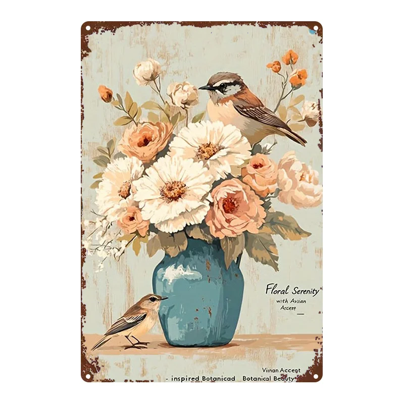 Décoration murale en métal 2D, 1 pièce, motif floral et oiseaux paisibles, style rétro, en fer et étain, pour la maison