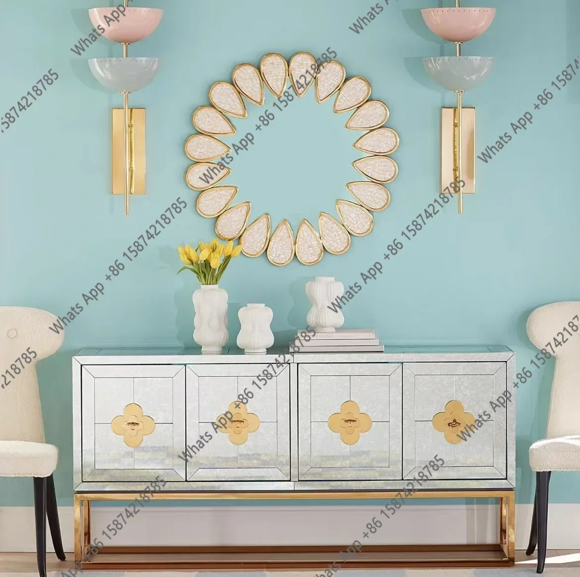

-Artist Luxury Jonathan Antiqued-mirrior Cabinet Gold Metal Base Handcrafted Sideboard