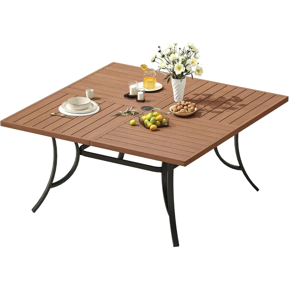 

Large Patio Dining Table for 8, Metal Square Outdoor Dining Table with Umbrella Hole Sturdy Metal Frame 59" Walnut