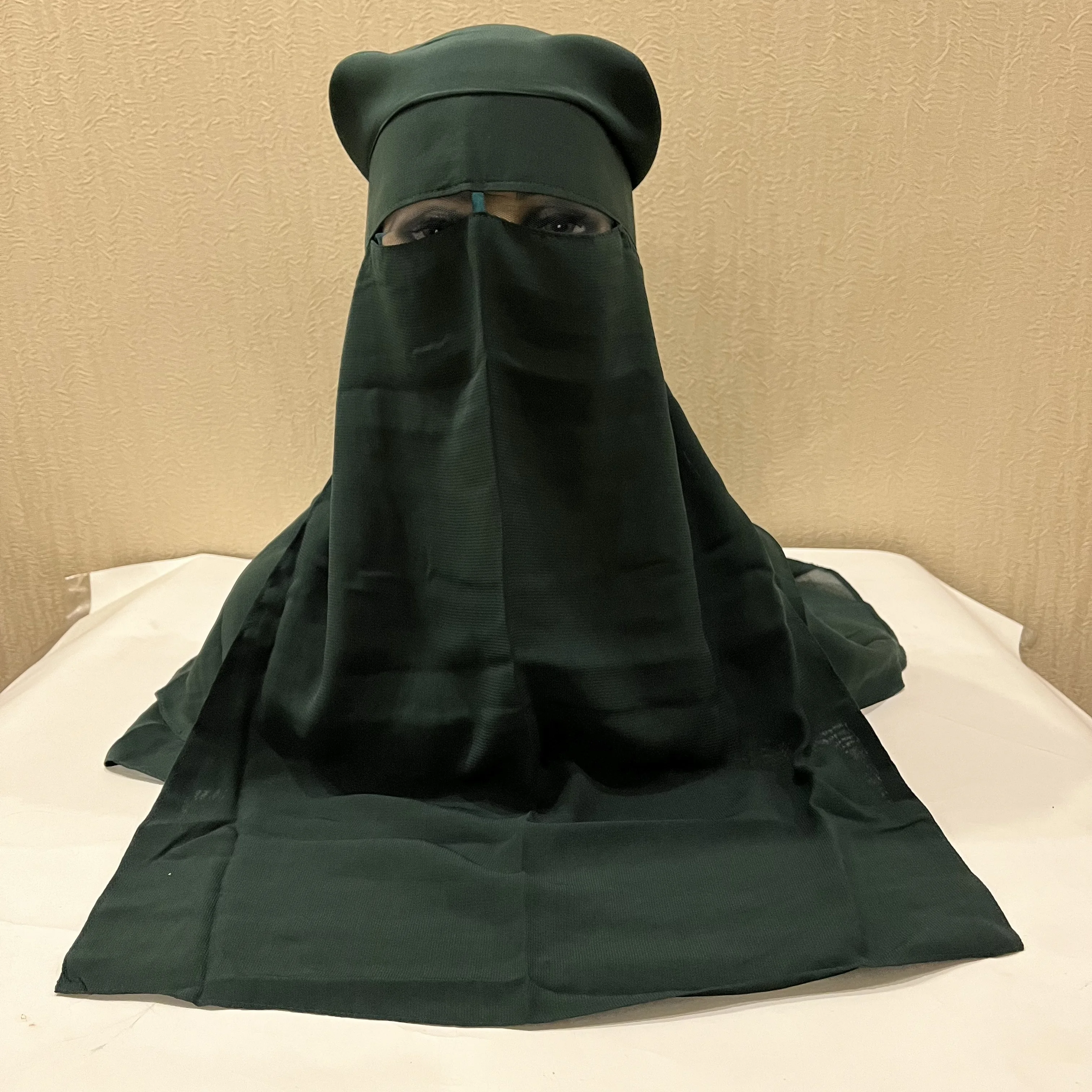 H225 Three Layers Chiffon Fabric Niqab Tie back Face Mask Cover Muslim Hijab Scarf Headscarf Turban Cap Bonnet