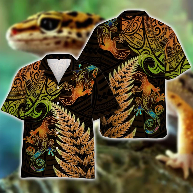 

Cute Gecko Hawaiian Beach Shirt For Men Funny Animal Lizard Lapel Blouse Cabrite Shirts Men Clothes Hip Hop Male Surfing Shirts