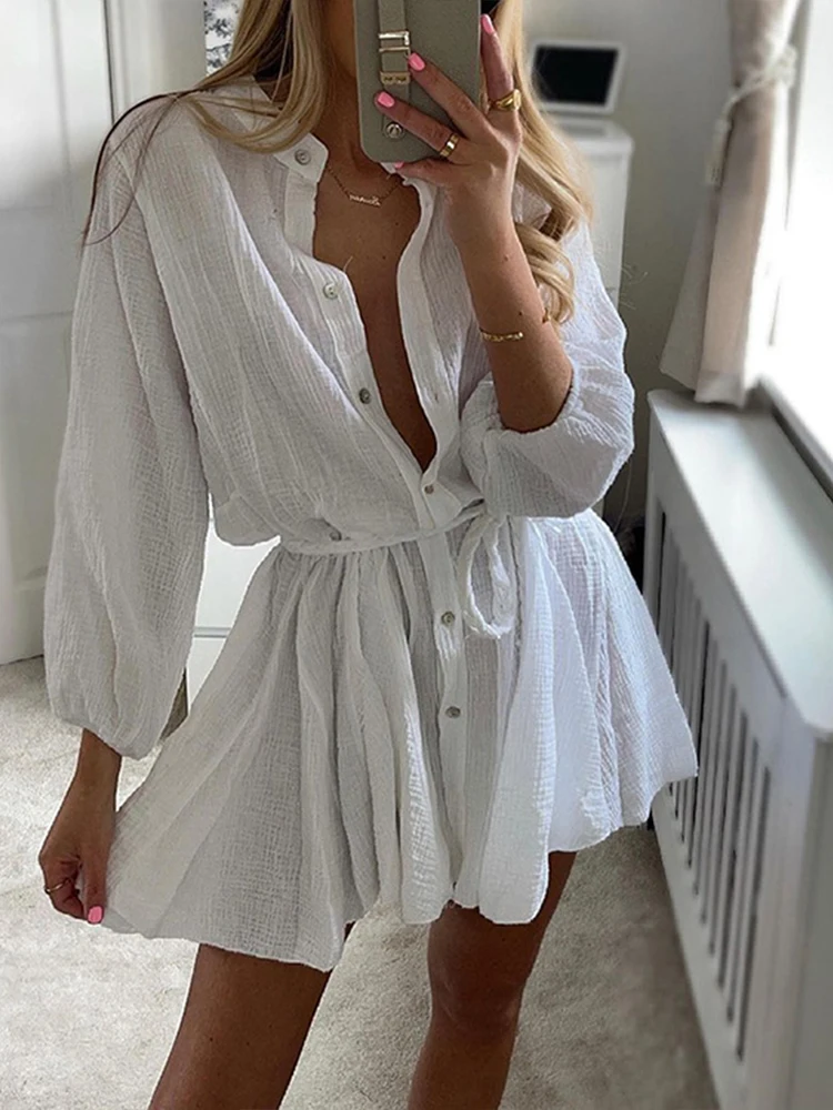 2024 Designer Ruffled Mini Fold Dress Women Chic Waisted Lace-up Fashion Single-Breasted Full Sleeve Party  Street Style Outfits