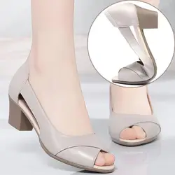 FHC New Women Peep Toe Sandals,Fashion Block Mid Heels Summer Working Shoes For Office Lady,Slip On,Black,Grey,Dropship