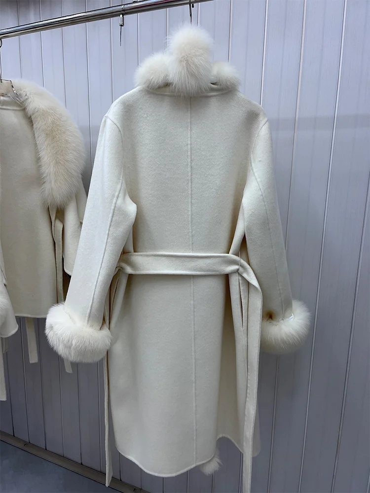 새로운 패션 겨울 울 재킷 여성용 천연 리얼 폭스 퍼 칼라 두꺼운 따뜻한 울 롱 코트 벨트 럭셔리 스트리트웨어 아우터