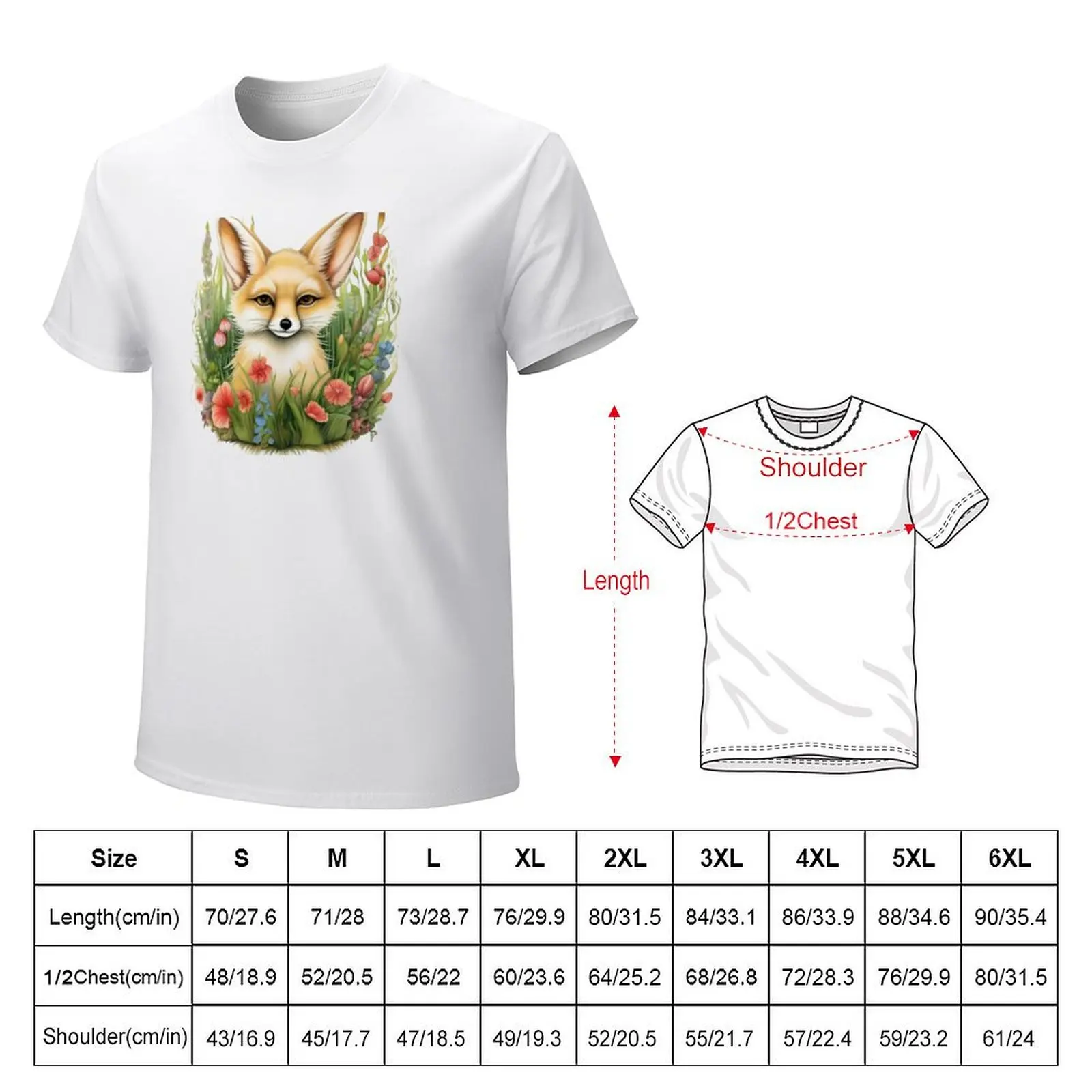 Cute little fluffy fennec fox among flowers in a spring meadow. Art Deco style. T-Shirt boys whites blanks mens white t shirts