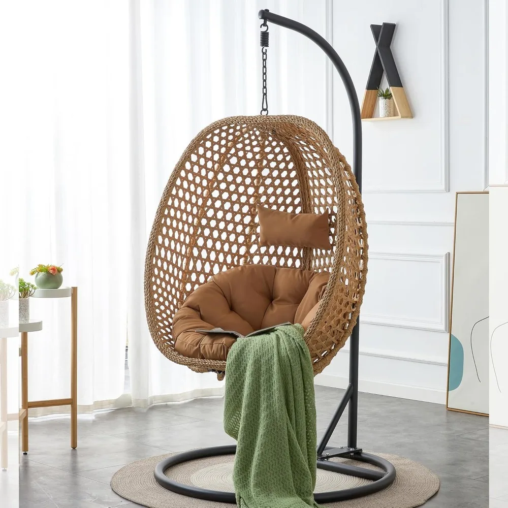 

Khaki Egg Swing Chair with Stand, Hanging Egg Chair Indoor Outdoor with Cushion and Pillow, Modern Wicker Swing, Customized