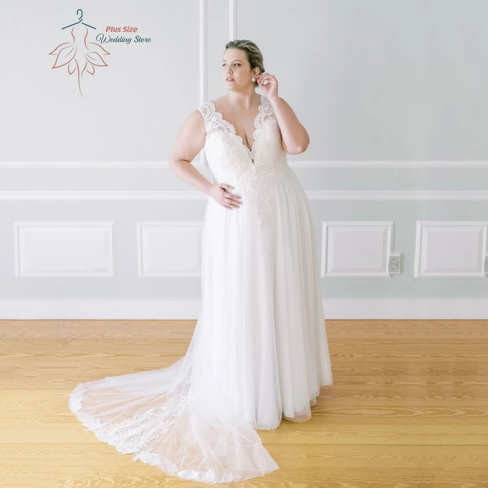 Gaun pengantin yang indah ukuran besar gaun pengantin tanpa lengan kerah V rendah Tulle dengan renda Applique A-Line Sweep Train Robe De marifee