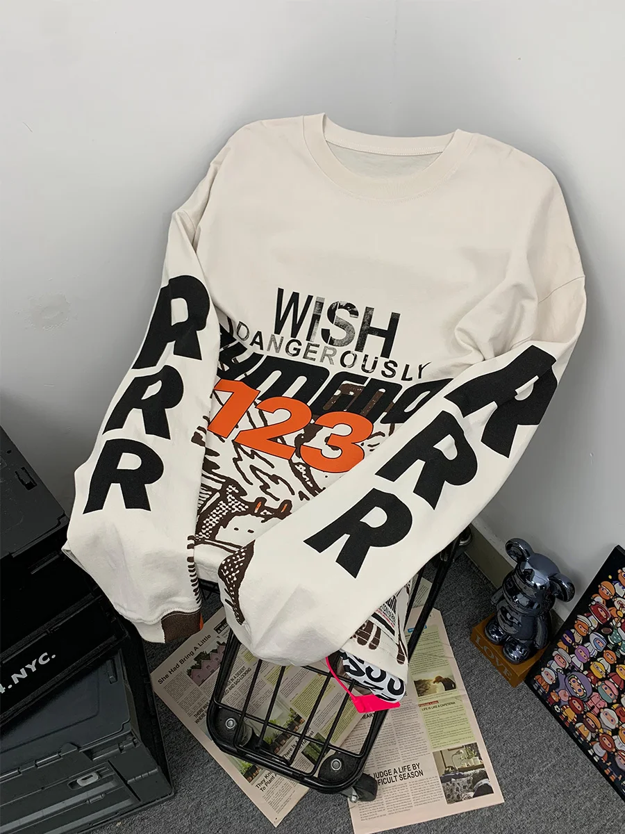 

Washed Heavyweight Long Sleeve T-Shirt Unisex Graffiti Print High Street Style Cotton Breathable Casual round Neck Tee
