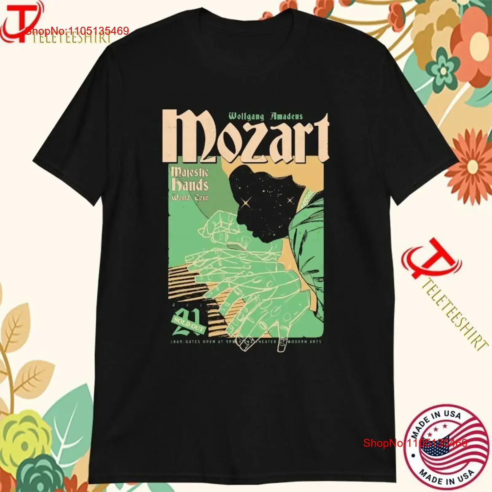 Wolfgang Amadeus Mozart Majestic Hands World Tour Camisetas vintage Lavado Elegante Estirado Versátil Casual Cómodo