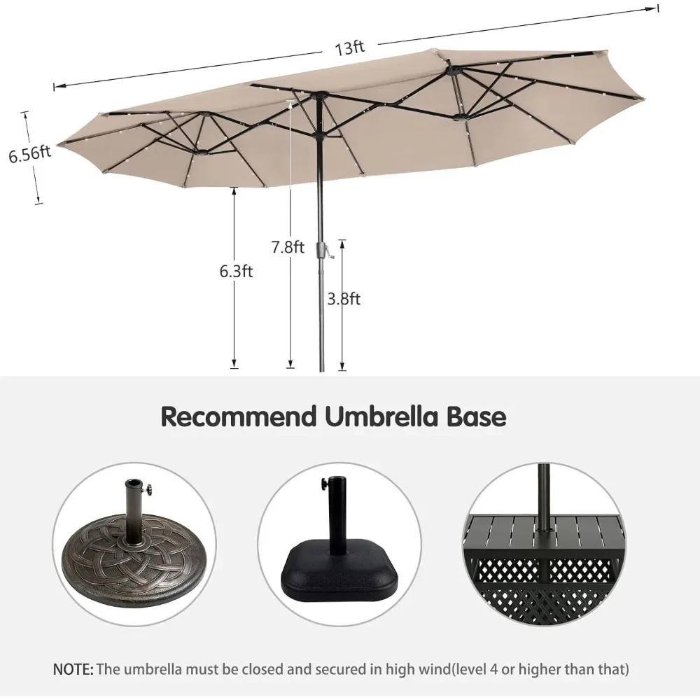 Patio Umbrella, 13FT Double-Sided Patio Umbrellas, with 36 LED Lights, with Crank, with Solar Lights, Patio Umbrella