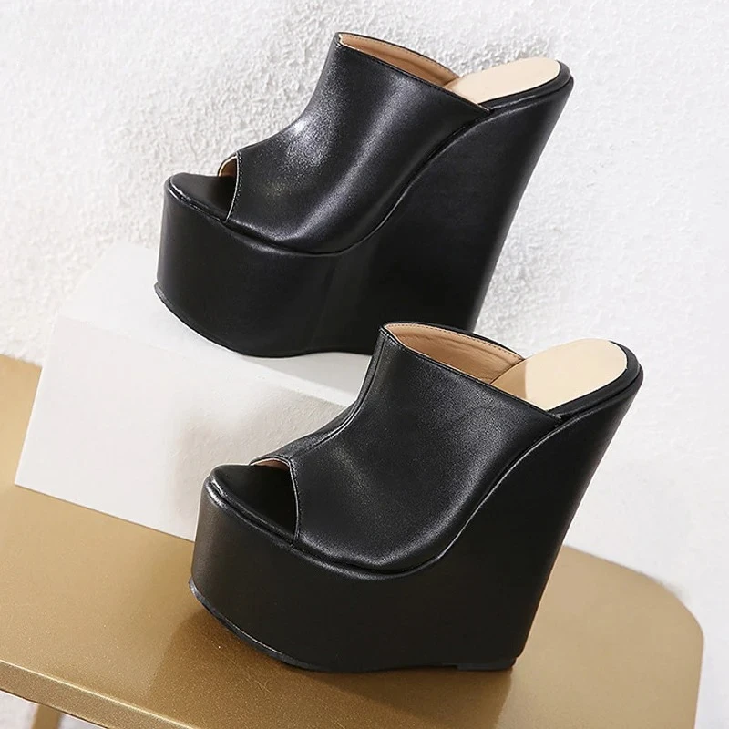 

Women's Peep Toe Faux Leather Slip‑On Wedge Platform Mule Sandals, Y2K Clubwear Party Footwear, Drop Shipping Fast Ship Gift