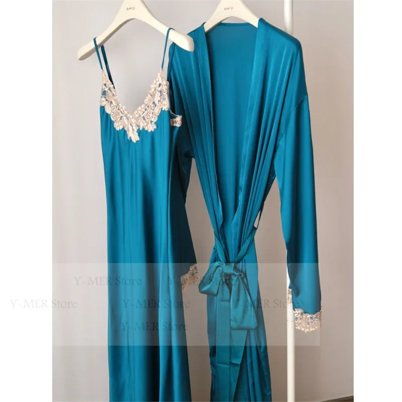 

Длинный халат из 2 предметов, женская синяя кружевная лоскутная ночная рубашка, роскошное Vestidos De Novia, домашний халат, атласное кимоно, халат