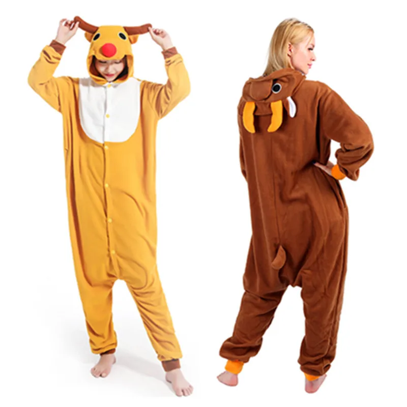 Orange or Brown Deer Wild Animal Image Jumpsuit Pajamas New Hooded Home Clothing Holiday Party Clothing Women's Adult Costume