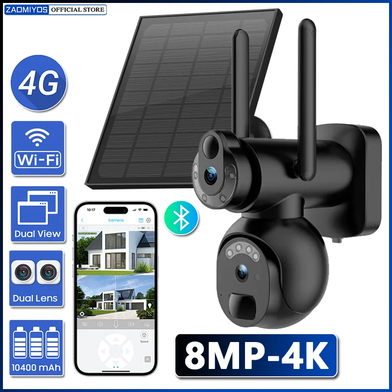 ZAOMIYOS 4K 4G Sim Outdoor Solar Camera WIFI Wireless PTZ Camera Dual Screens Human/Animal Detection Surveillance Wildlife Cam