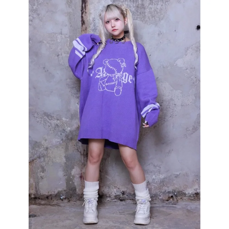 Mine Series Mass Production Series Bear Purple Knitted Jumper Women 2024 Fall New Punk Subculture Loose Midi Knitted Sweaters