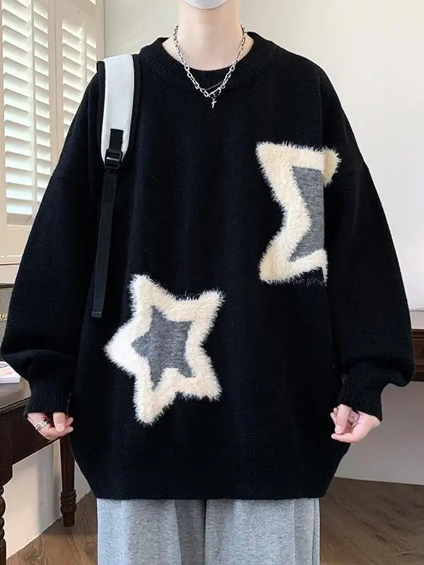 リラックスしたスタイルのメンズニットセーター秋冬ゆったり大きいサイズ中学生ベースシャツカジュアル快適クールマックスファイバー