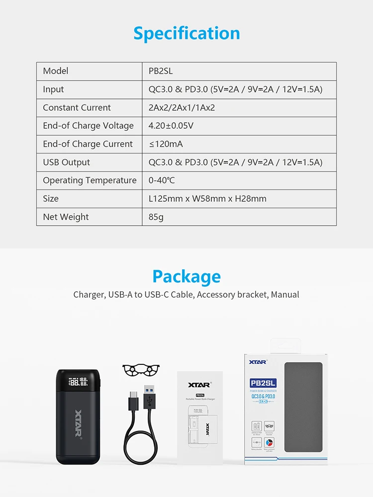 XTAR PB2SL Battery Charger 18650 21700 20700 Power Bank 18W QC3.0 Fast Charge USB Type C Charging Li ion Battery 18650