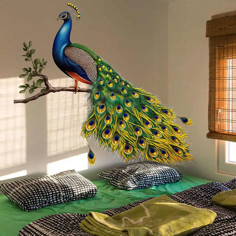 

Peacock Wall Decals Flower Gold Stamping Stickers Glitter Shiny Floral Art Mural Metallic Texture Decor for Home Living Room