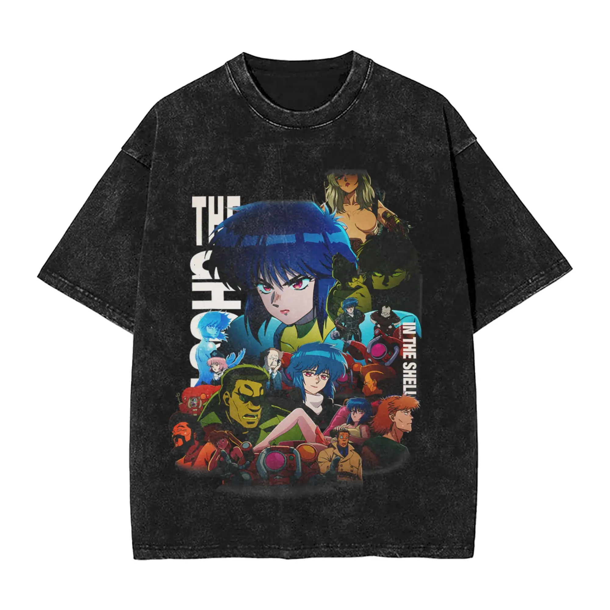 Washed T Shirts GHOST IN THE SHELL Collage Hip Hop Vintage T-Shirt Oversize Streetwear Short Sleeve Tops Tee Shirt for Men Women