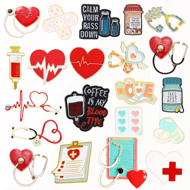 ECG Thermometer Syringe Pill Blood Type Medical Notepad Metal Badge Lapel Brooch Jewelry Medical Enamel Pin Heart Stethoscope