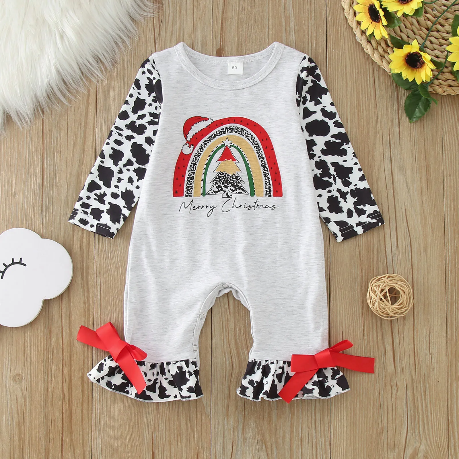 

Christmas Baby Girl Rompers Newborn Infant Baby Rainbow Letter Cow Print Jumpsuit Bow Playsuit Xmas Baby Costumes Bodysuit New