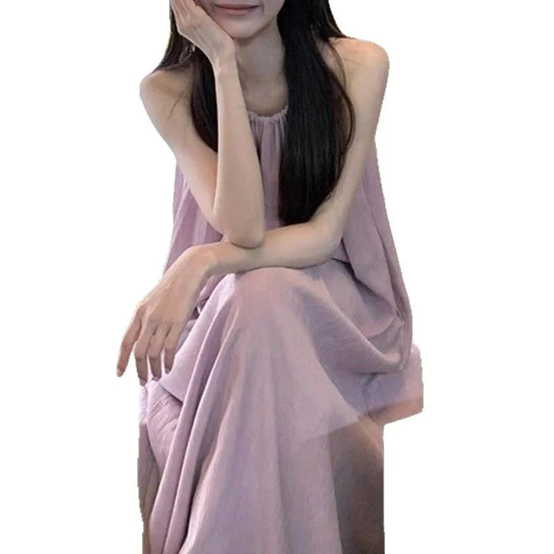 프랑스풍 부드러운 퍼플 넥 멜빵 원피스 2025 여름 여성 휴가룩 루즈핏 슬리밍 A라인 스커트