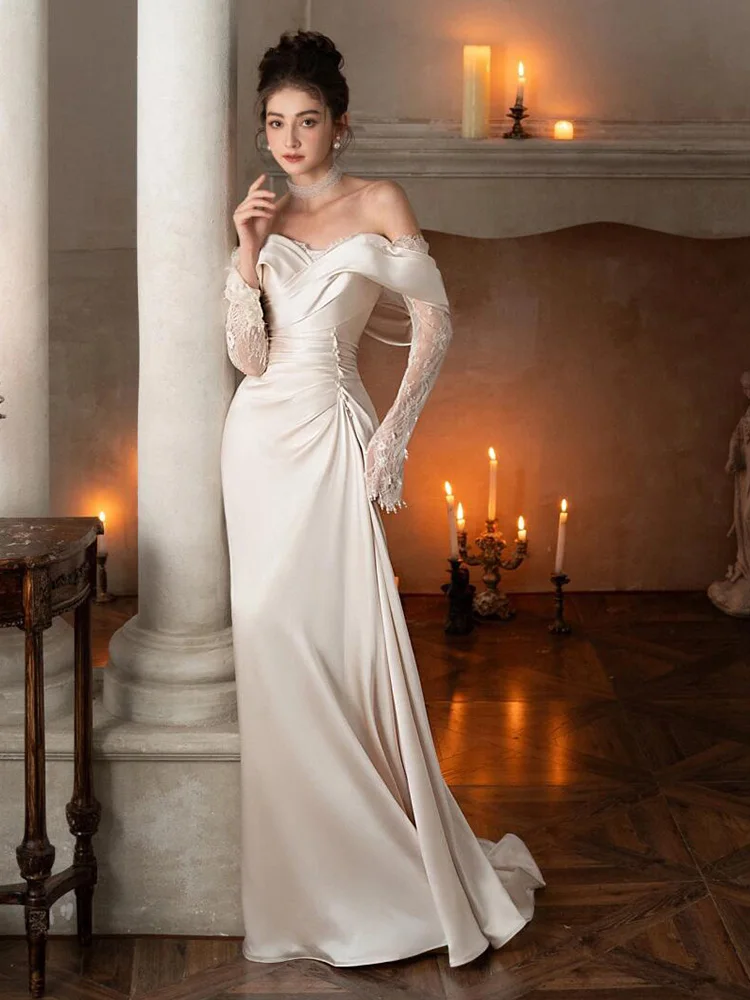 

White One-oulder Long-Sve Wedding Dr Ele Fi-Tail Gown for Guest eeting Soft Satin Fabric Mid-Waist Design