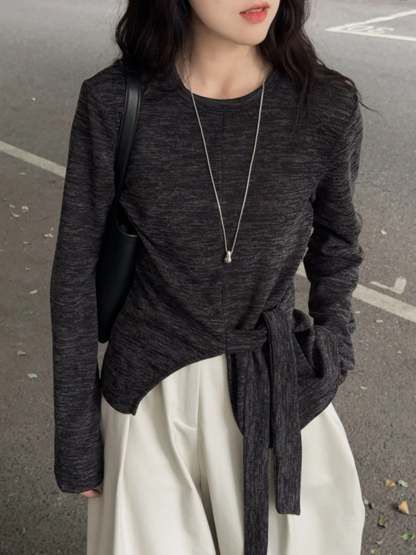 Korean Sle Knitted Long Sve Wrap Top Women's Base Layer irt round Ne Pure Color Design Sensation Autumn Faion