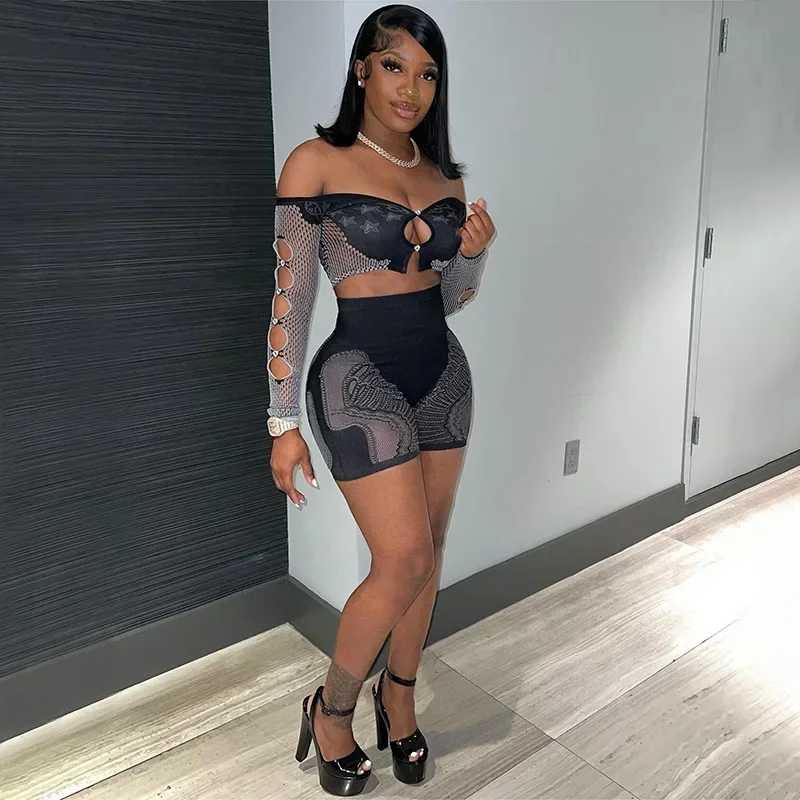 

Women 2 Piece Set Print Patchwork Sexy Rhinestone Off Shoulder Long Sleeve Crop Tops and Shorts Coquette Nightclub Wear