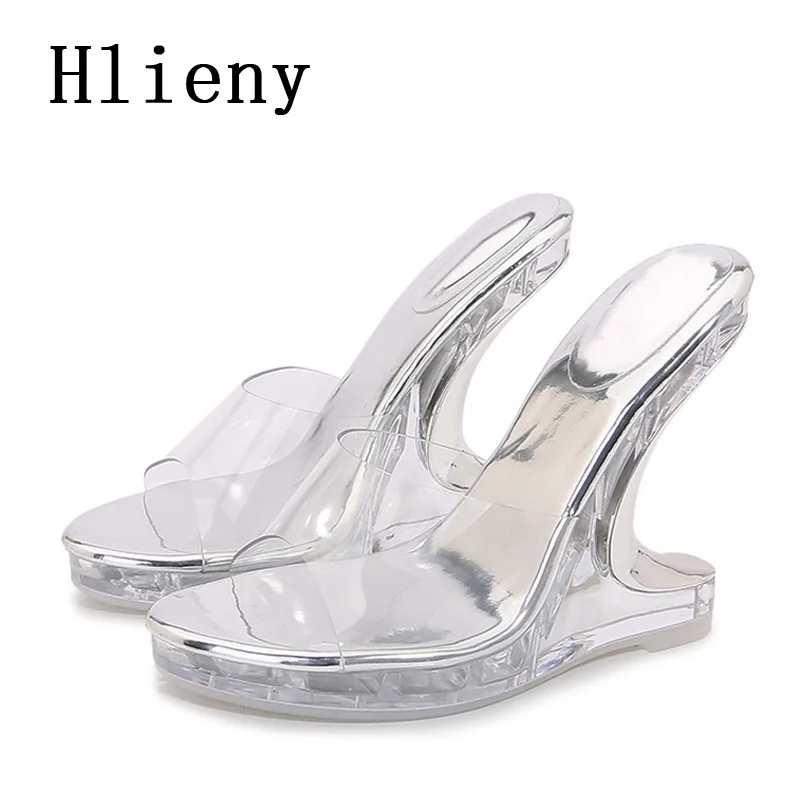 Hlieny New Design dziwne koturny kapcie Peep Toe PVC przezroczyste buty damskie letnie moda pokazuje wysokie obcasy sandały na platformie