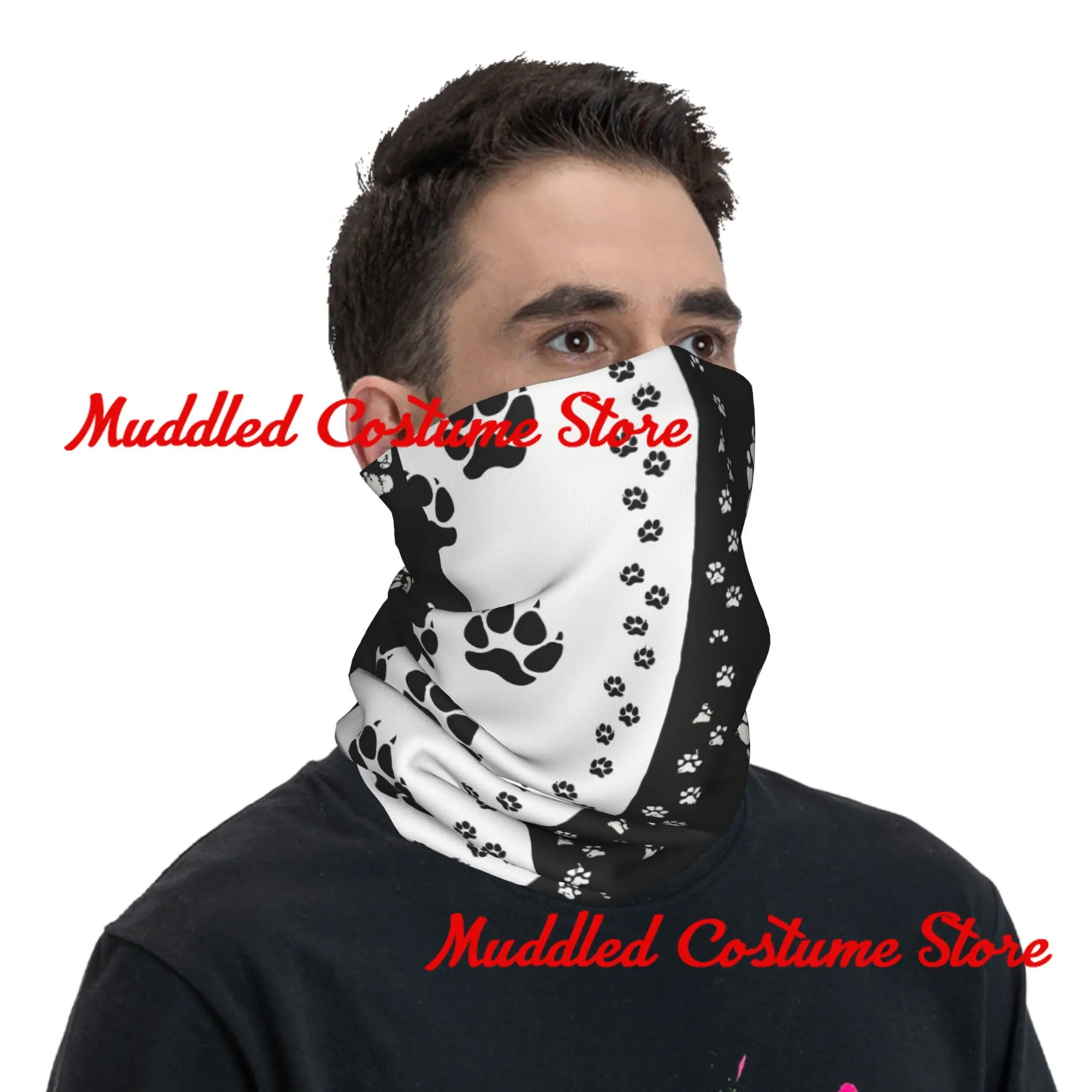 Zwart Wit Hond Pootafdruk Bandana Winter Nekwarmer Dames Winddichte Wrap Gezichtssjaal voor Wandelen Dierenbeenkap Hoofdband