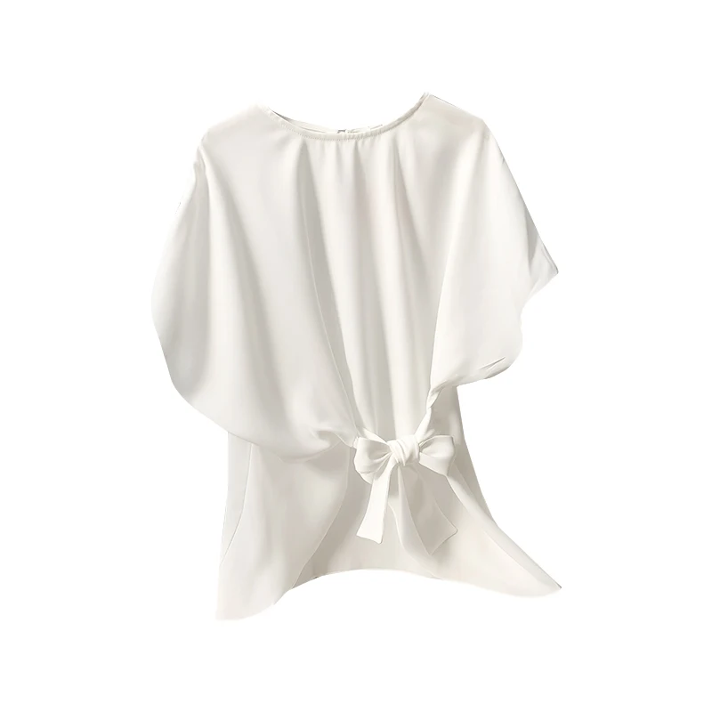 قميص نسائي أبيض فضفاض غير رسمي بأكمام قصيرة مع حزام بتصميم مريح، قميص صيفي عصري للجنسين من البوليستر