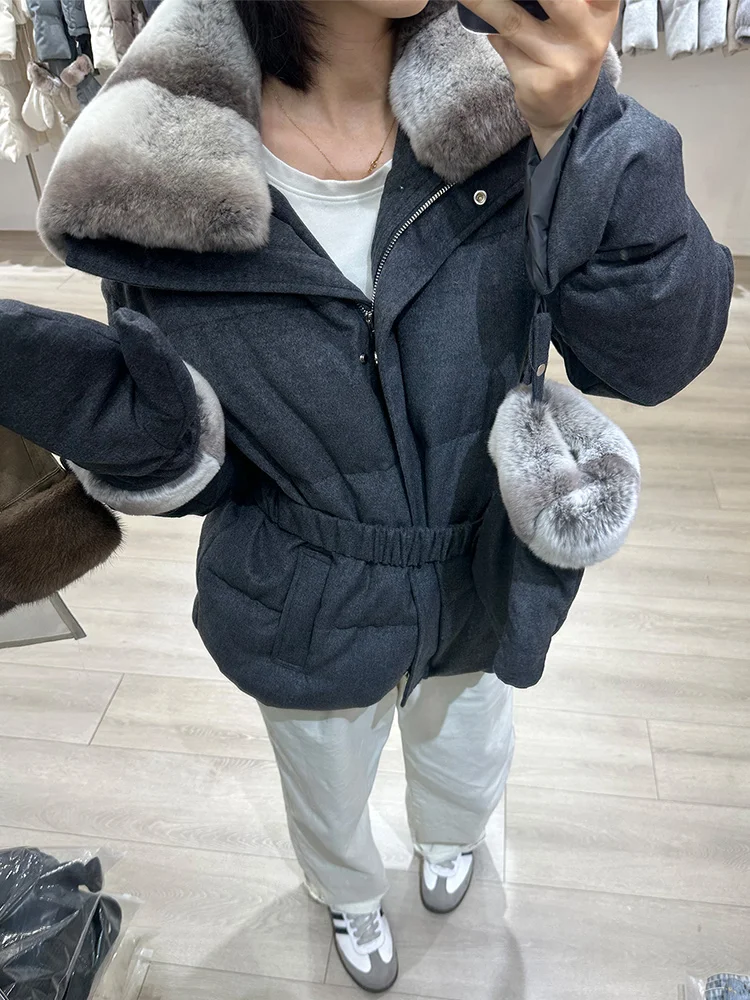 レディース冬用暖かいグースダウンパファージャケット、カシミヤウールジャケット、本物のレックスラビットファーコート、厚手の女性用アウターコート（ミトン付き）