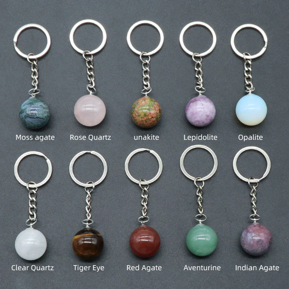 

10PCS Natural Stone Keychain Round Ball Pendant Agate Amethysts Rose Quartz Handbag Decor DIY Jewelry Making Accessorie