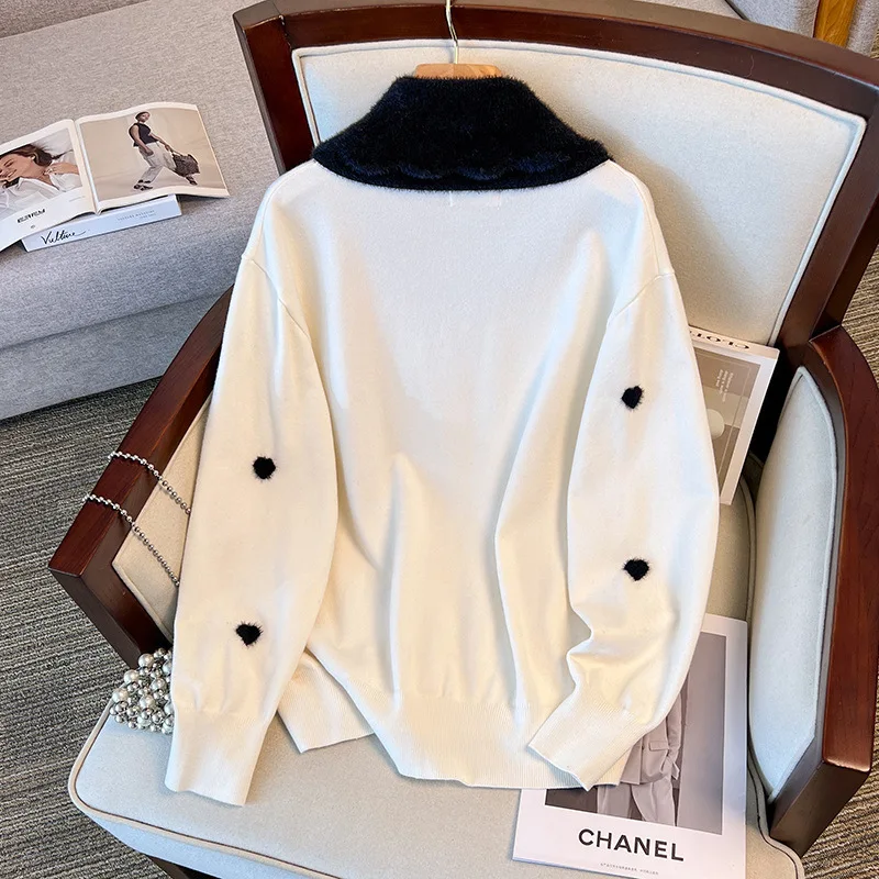 170Kg Plus Size Women\'s Bust 160 Winter Loose Love Cardigan Lapel Sweater Knitted Jacket Black White 5XL 6XL 7XL 8XL 9XL10XL