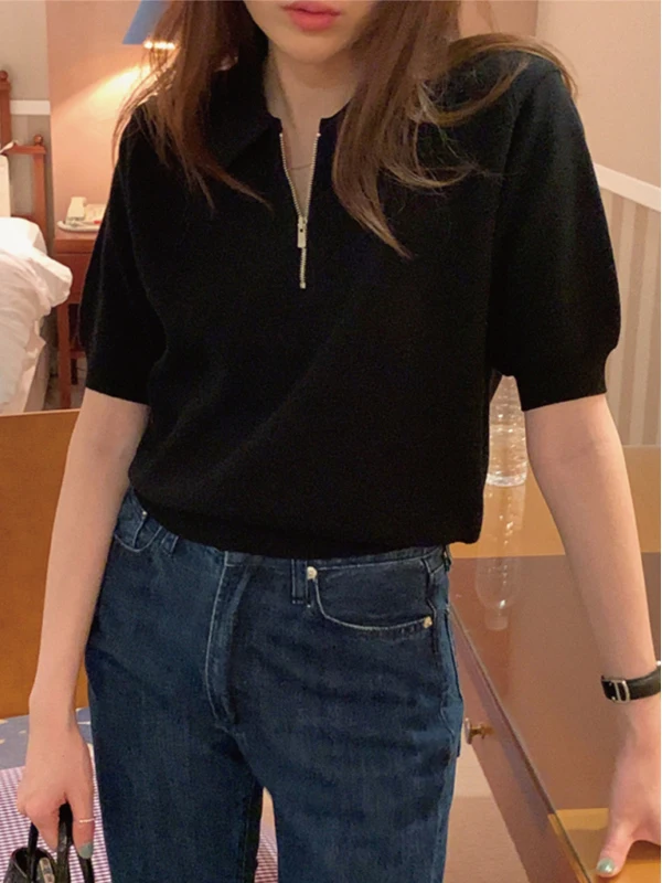 Elegant White  Neck Half Zip Short Sleeve Knitted Top Women Summer Slim Fit Pure Color Top Fashionable Minimalist Design
