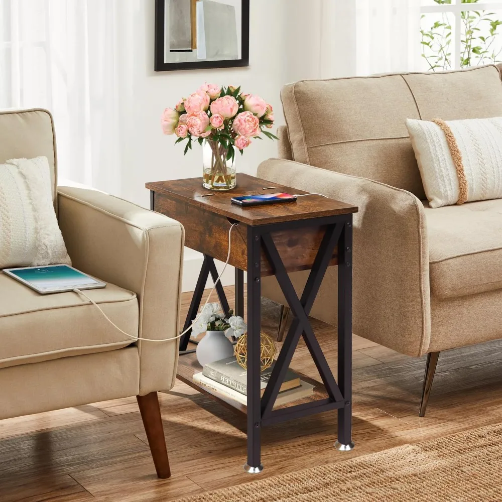 طاولات جانبية لغرفة المعيشة مكونة من 2، طاولة جانبية ضيقة مع محطة شحن، 12 بوصة عمق × 24 بوصة عرض × 24 بوصة ارتفاع، طاولة نهاية قابلة للطي مع USB Po #2