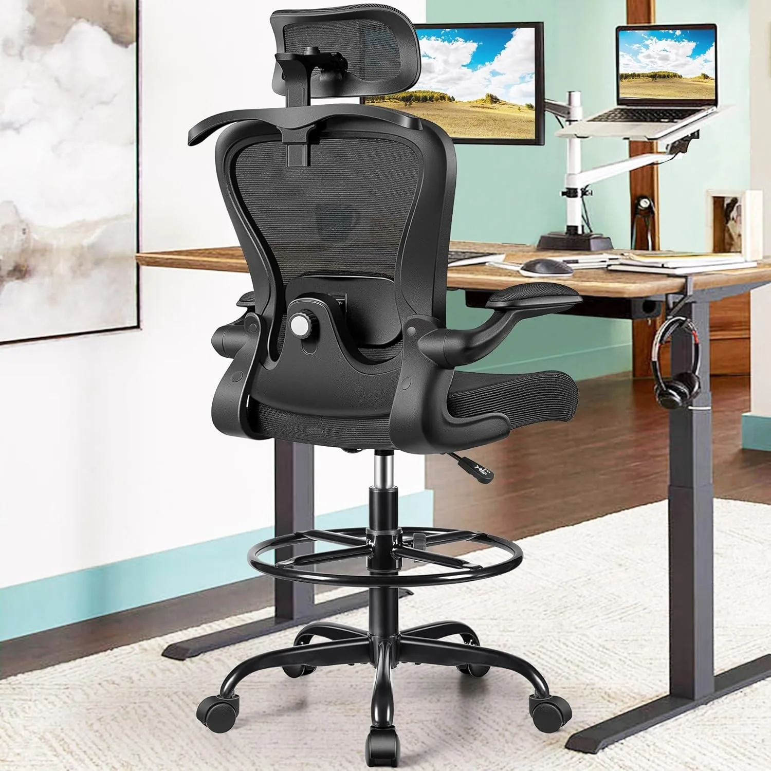 GENERIC DRAFTING CHAIR, TALL OFFICE CHAIR WITH 3D LUMBAR & HEAD SUPPORT - BLACK