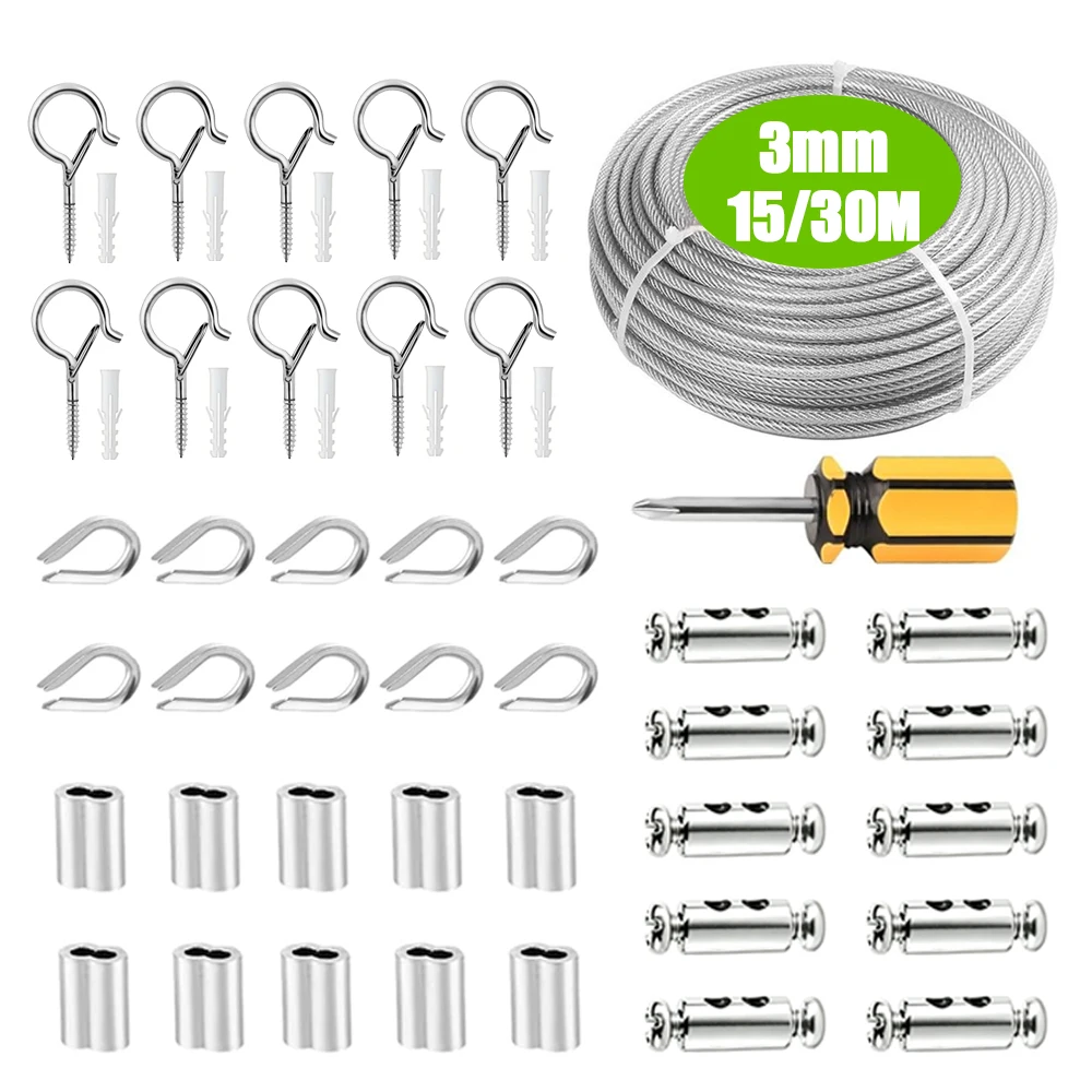 3mm Stainless Steel Wire Rope PVC Coated 15/30M Cable Suspension Kit used for Fence Safety Protection Tent Sunshade