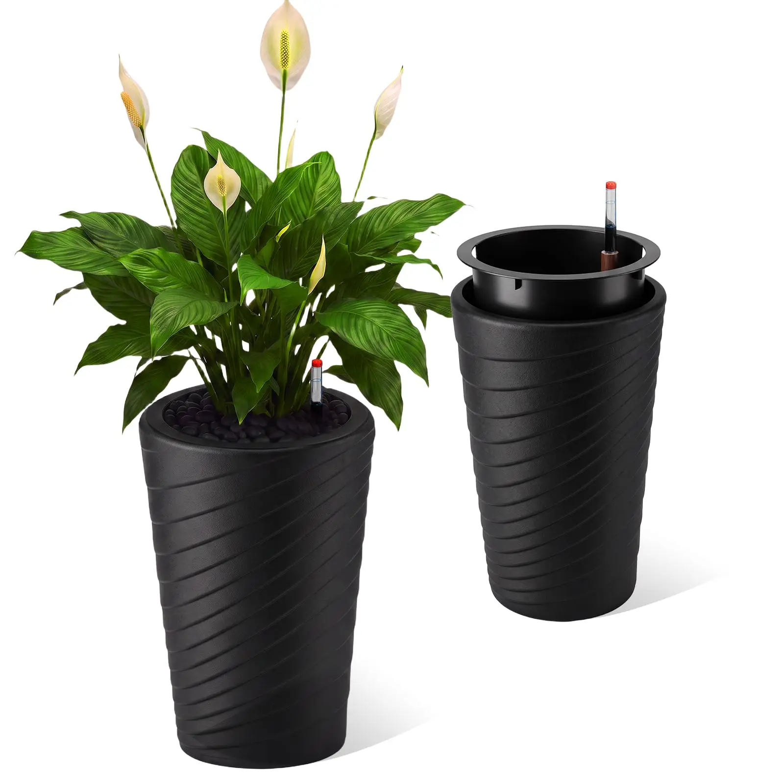 Set Of 2 16 Inch Tall Self Watering Planters With Water Level Indicator, Drainage Holes, Inner Pots For Indoor Outdoor Decor