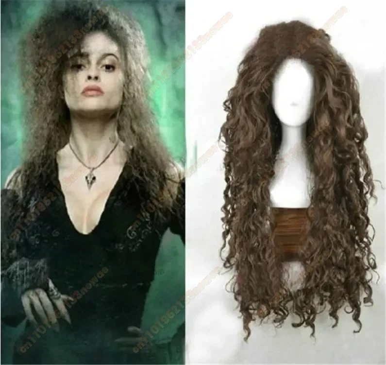 2025 película personaje Bellatrix Lestrange Disfraz largo marrón mezclado ondulado peluca Bellatrix peluca resistente al calor Cosplay disfraz peluca
