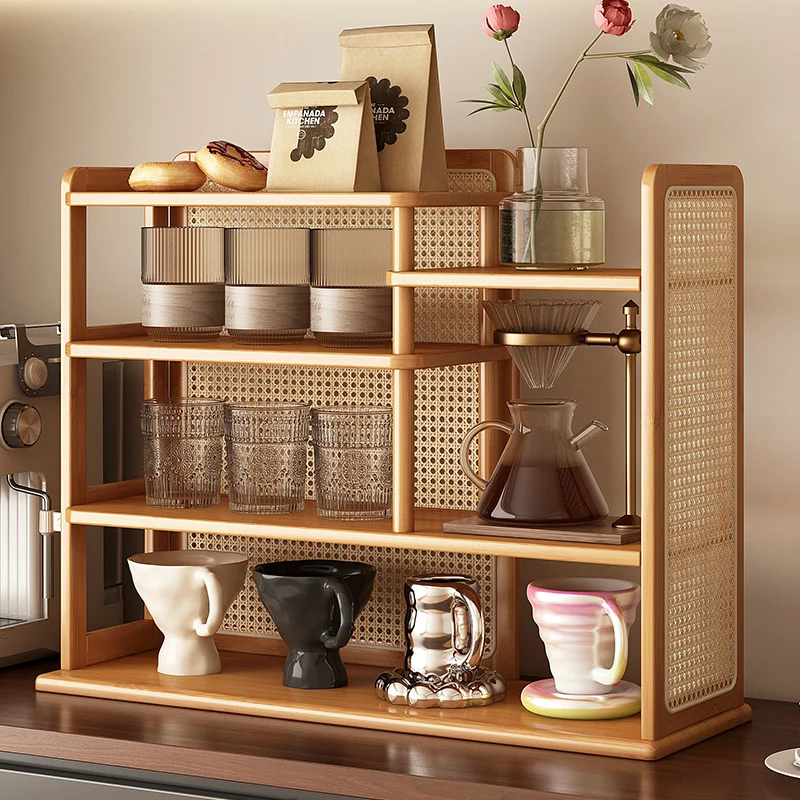 Bambusowa półka do przechowywania Retro Minimalistyczny uchwyt na kubek Anti-Tilt Organizer w kremowym stylu Wielopoziomowy stojak ekspozycyjny