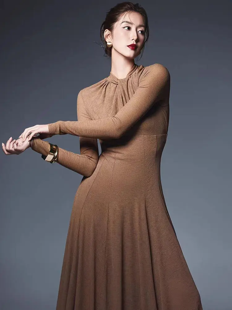 Elegant Knitted Slim Long Dress with Pleats And Long Sleeves Simple Style Casual Wear Polyester Fiber A-Line Skirt