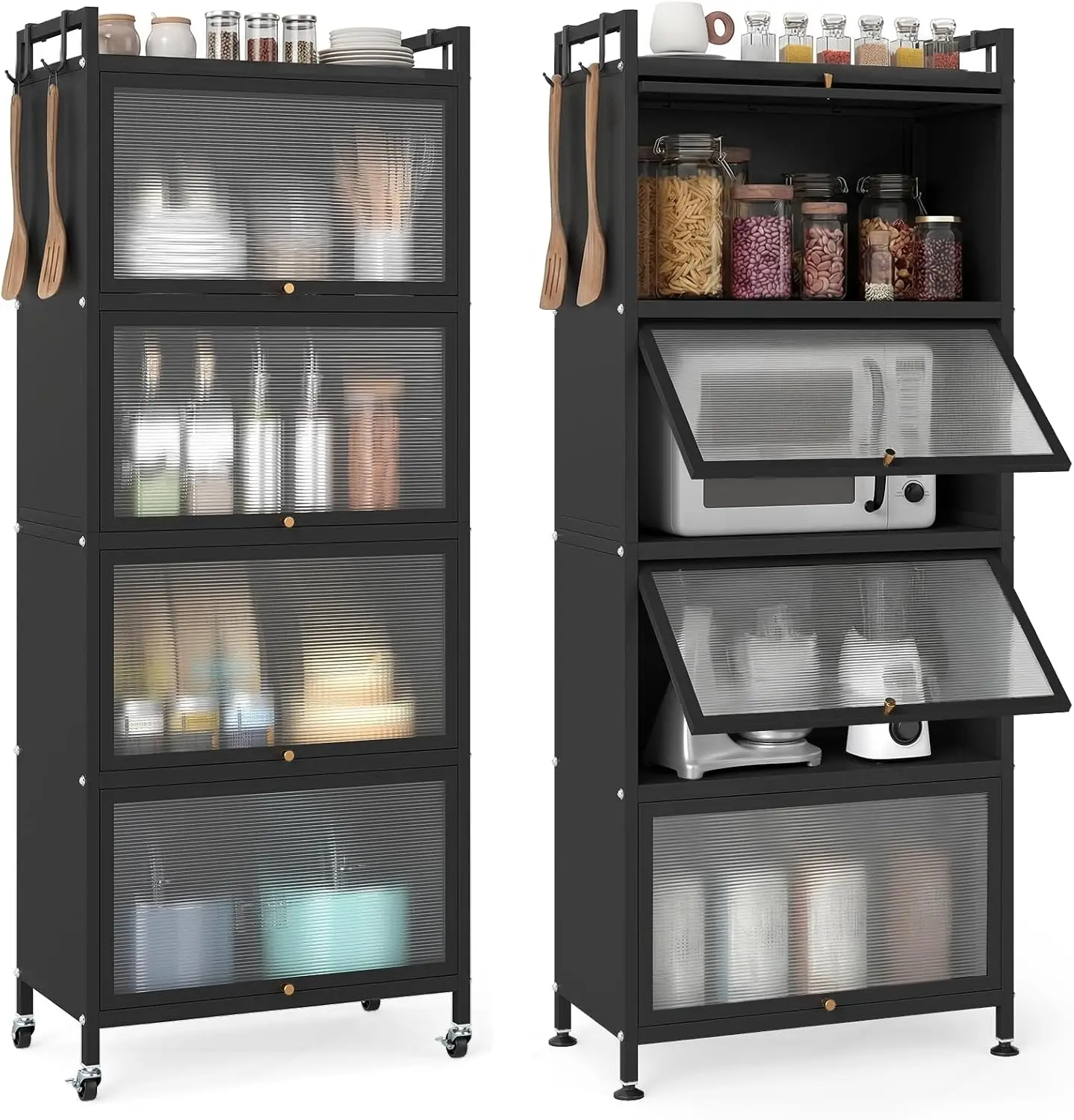 Five Tier Kitchen Storage Cabinet Freestanding Metal Pantry Cabinet Flip Up Pc Doors Hooks Adjustable Feet Tall Bakers Rack Micr