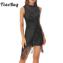 Women Sequins Latin Ballroom Dance Clothes Tassel Performance Bodycom Dress Sparkling Fringed Irregular Tango Chacha Dancewear