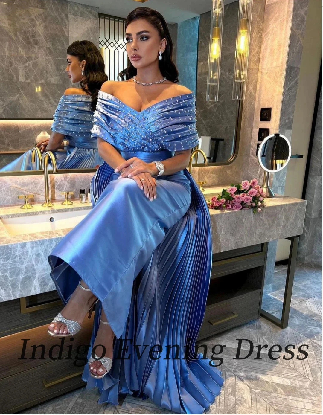 Indigo Satin Ballkleider aus schulter freien Perlen boden langes plissiertes elegantes formelles Party kleid für Frauen 2024 فساتين جويلة