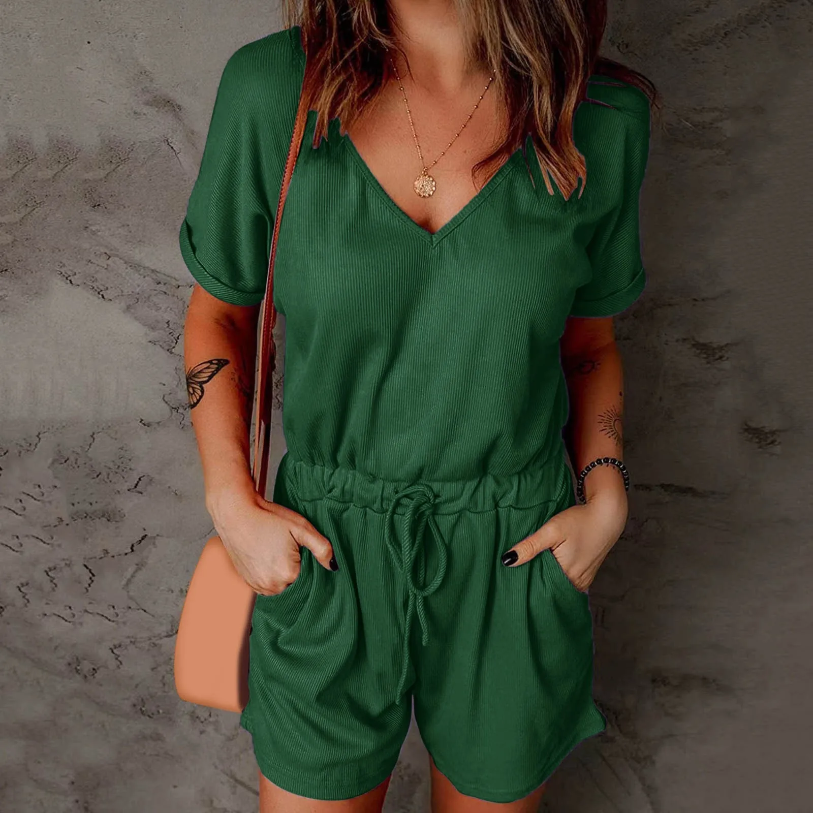 

Summer Rompers For Women V Neck Solid Color Casual Loose Short Sleeve Jumpsuits Lace Up Elastic Waist Rompers With Pockets